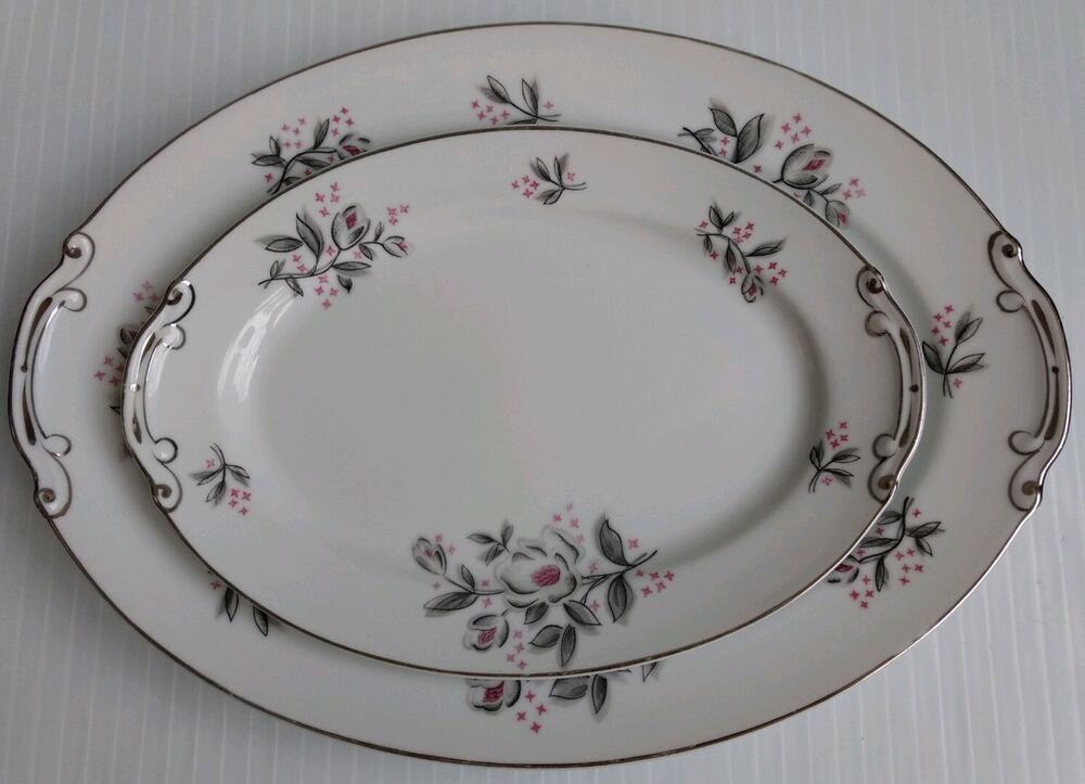 (2) Floral Fine China Serving Oval Platters - Hira Cynthia Japan Pink Grey Roses